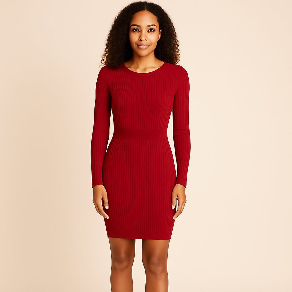 GAP Long Sleeve Ribbed Midi Dress in Red